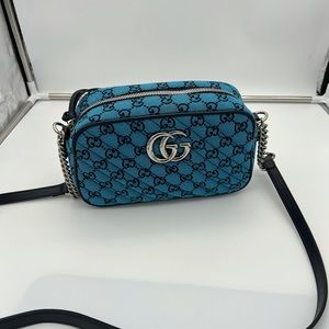 Gg Marmont Multicolor Small Shoulder Bag In Light Blue And Blue Canvas